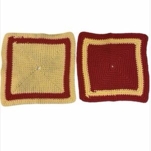 Vintage Hand Crocheted Potholders Set of 2 - Red & Cream Yellow - 10” Square